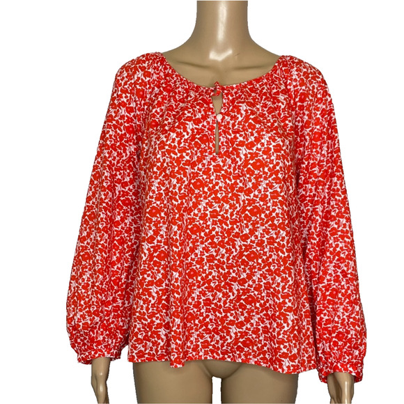 Women's Large Universal Thread Orange Floral Pattern Cotton Boho Popover Blouse - Picture 1 of 4